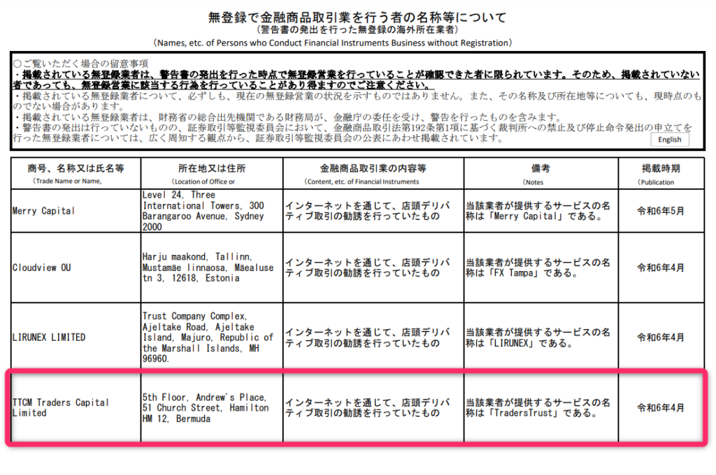 日本の金融庁から警告を受けている