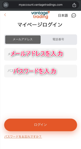 メールアドレスとパスワードを入力する