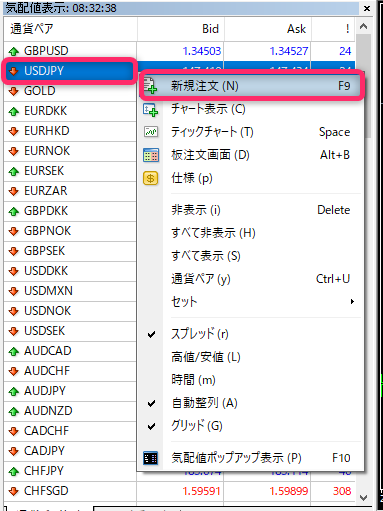 気配値表示から取引したい通貨ペアをクリックする